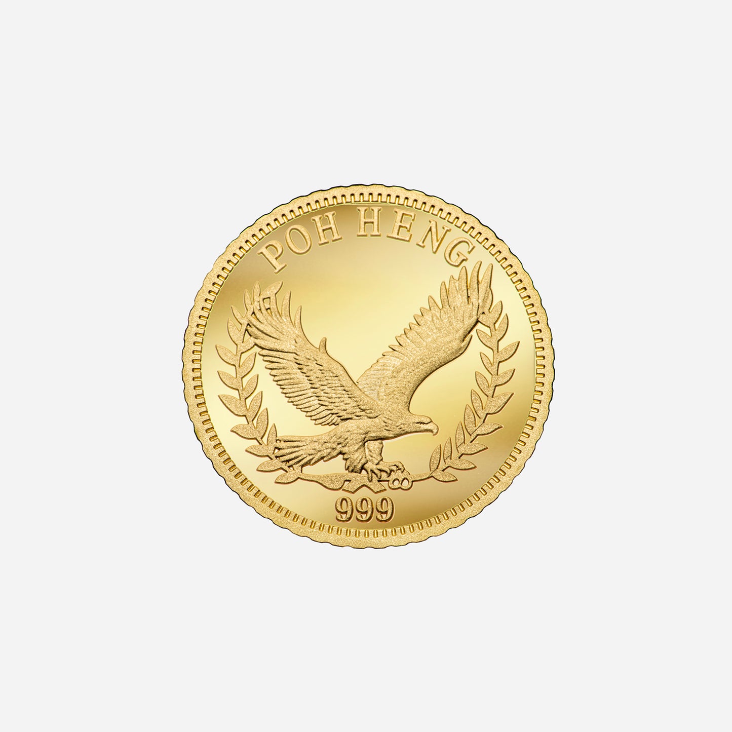 round 24k yellow gold medallion featuring an eagle design and "poh heng" inscription. ideal for collectors and gold enthusiasts.