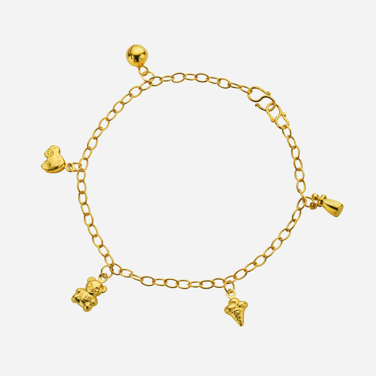 22k yellow gold baby anklet featuring teddy bear and ice cream charms on a delicate chain. perfect for gifts.