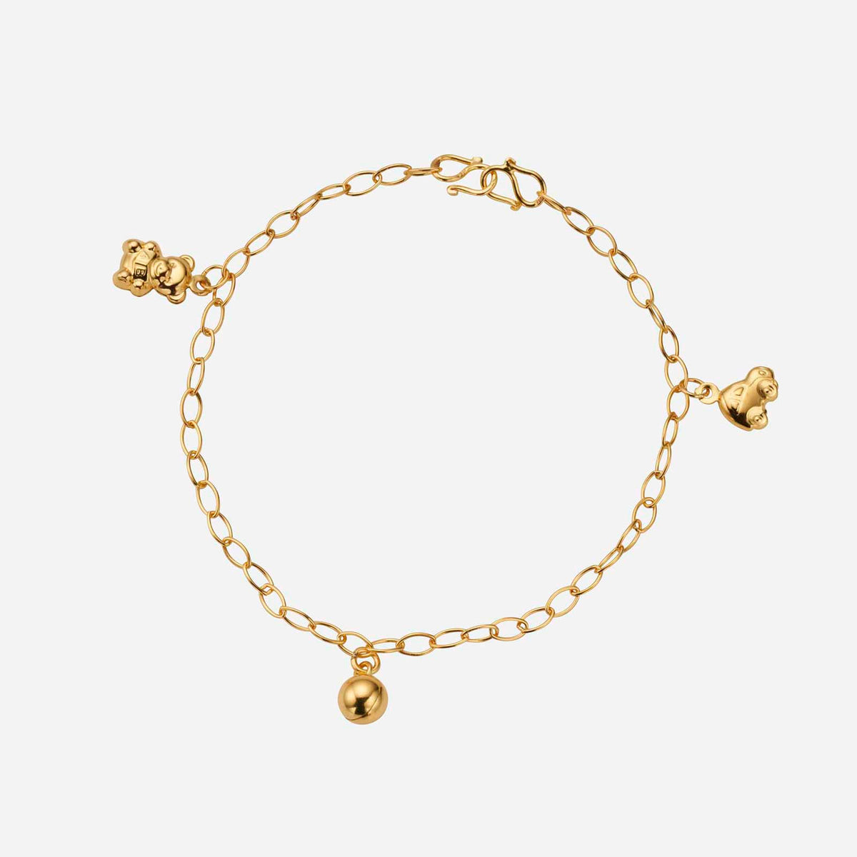22k yellow gold baby anklet featuring teddy bear charms and a small round bead, perfect for gifts and celebrations.
