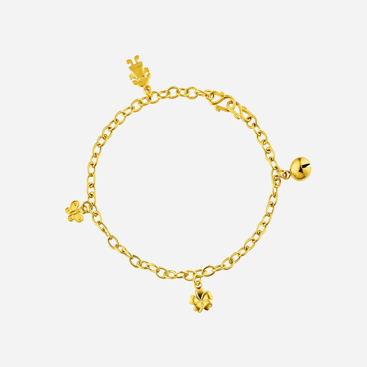 22k yellow gold baby charm anklet with whimsical symbols and a bell for sweet sounds and joyful moments.