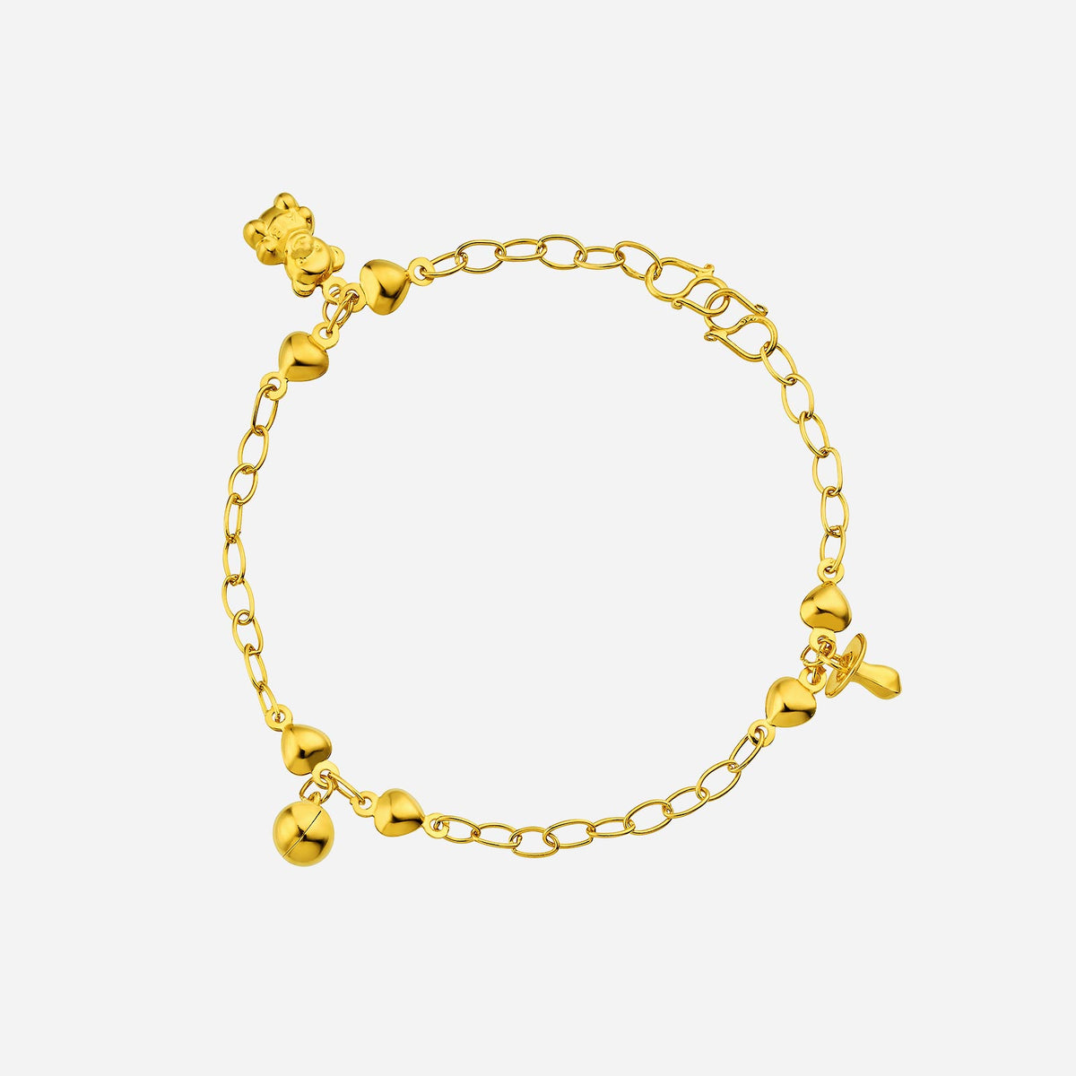 22k yellow gold teddy bear anklet with heart and bell charms, perfect for a child's playful elegance.