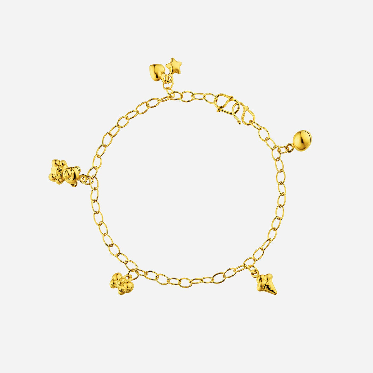 22k yellow gold baby charm anklet featuring teddy bear, ice cream, and star charms in a playful design.