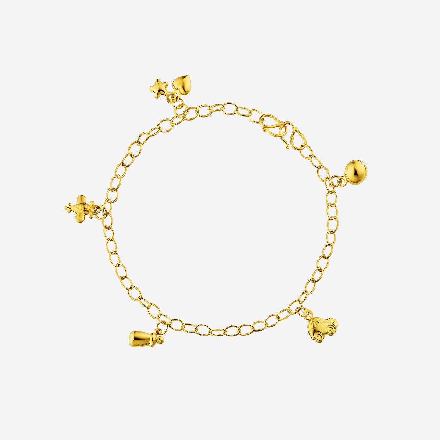 22k yellow gold baby charm anklet featuring playful charms like stars, cars, and airplanes for a joyful design.