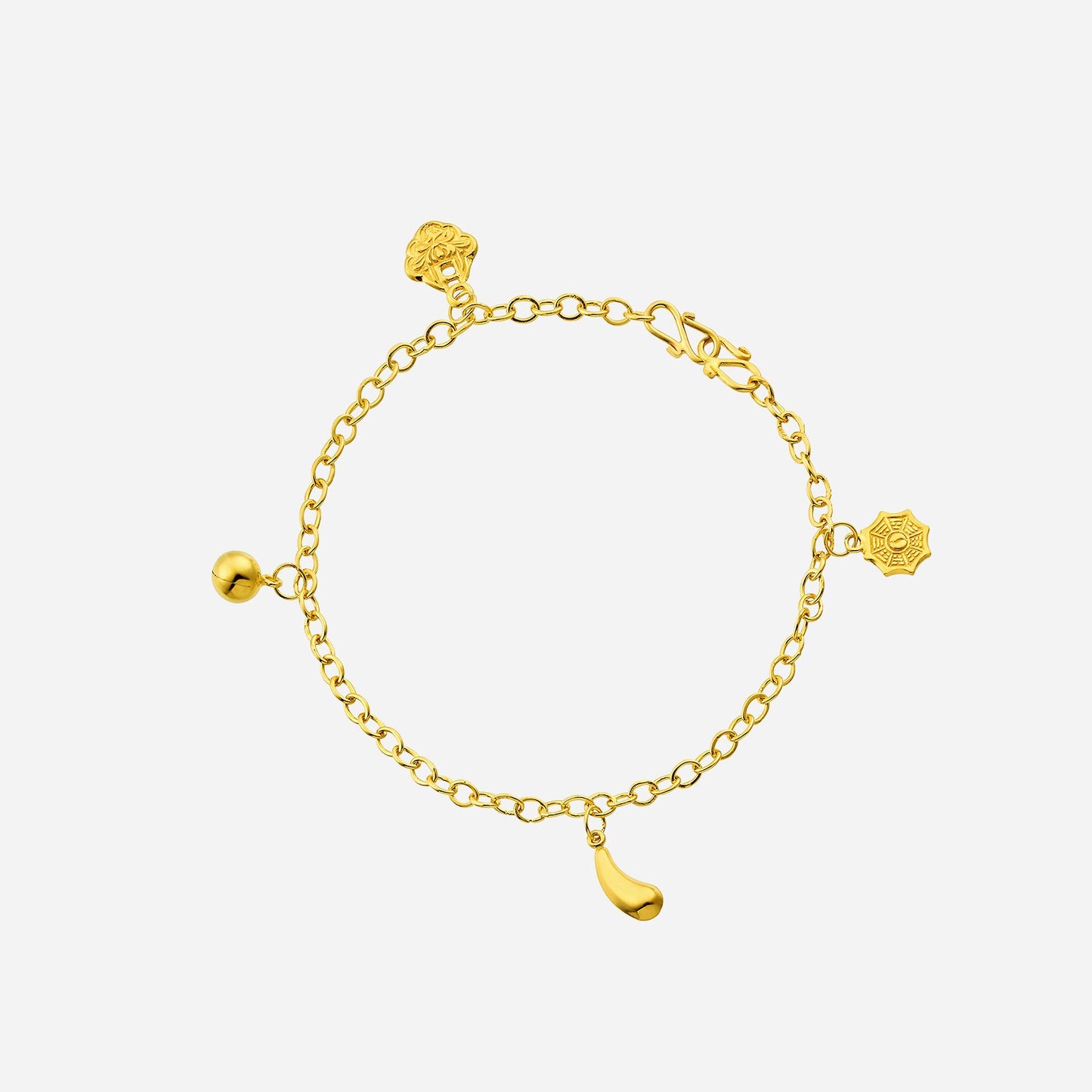 auspicious baby anklet in 22k yellow gold featuring bell, eggplant, ruyi, and bagua charms for protection and joy.