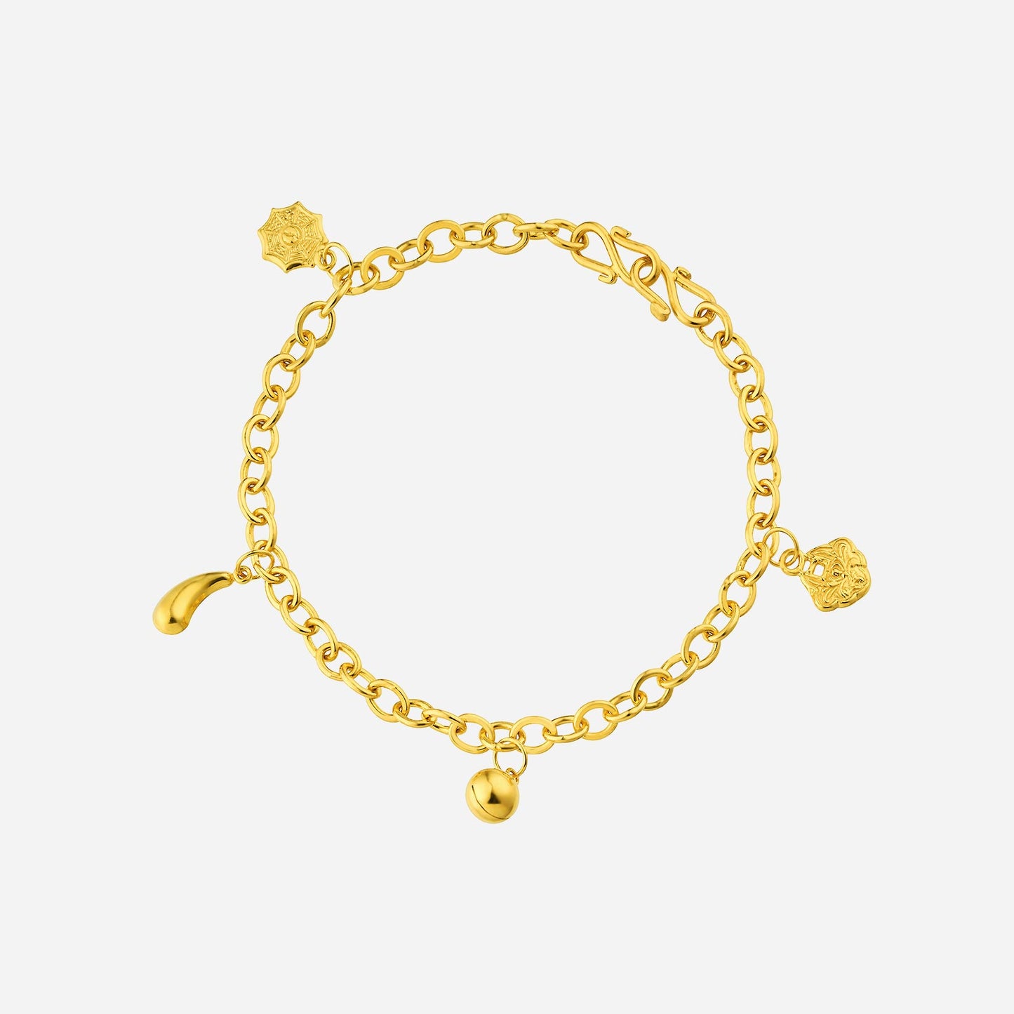 wealth charm anklet in 22k yellow gold with intricate charms and a shimmering chain design.