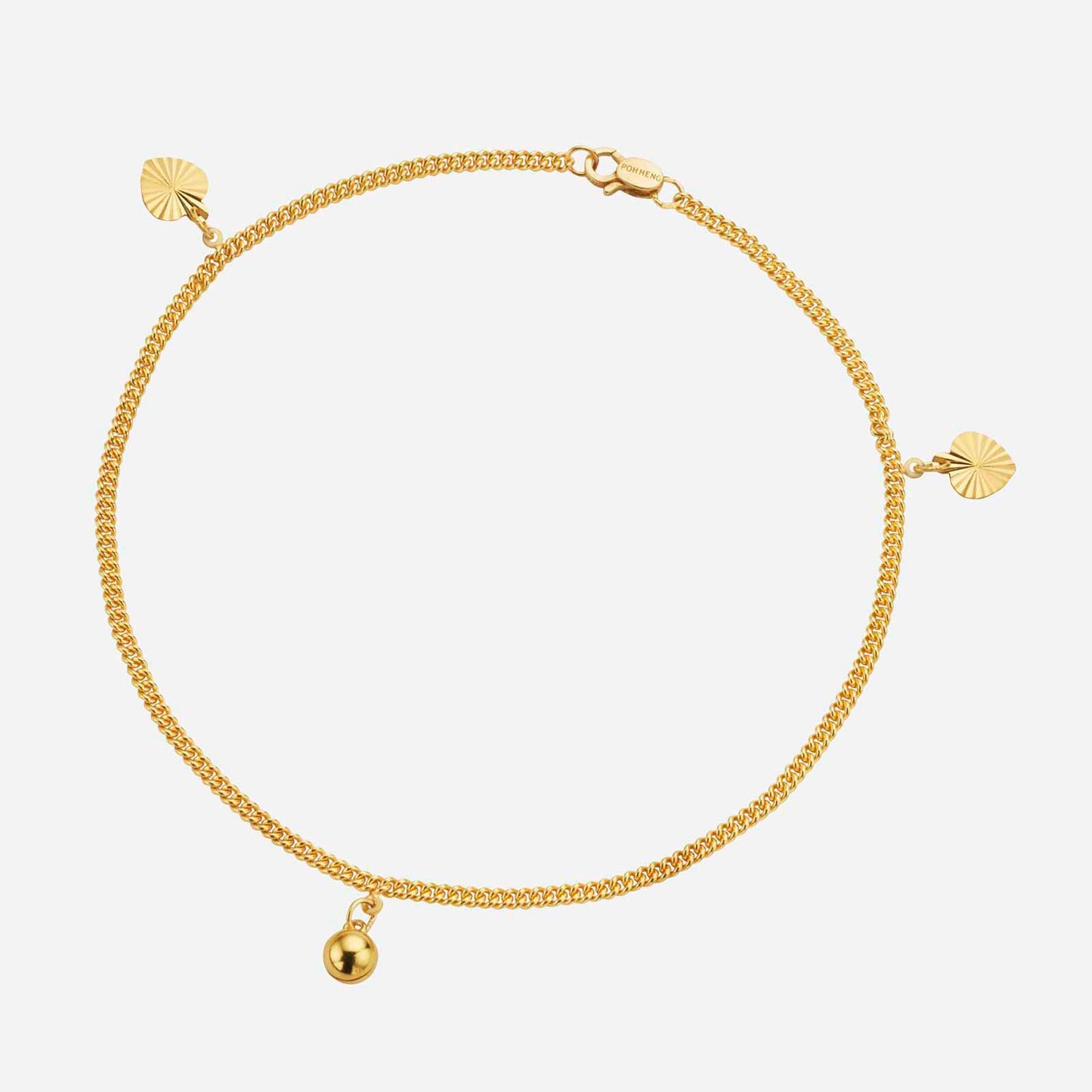 curb chain anklet in 22k yellow gold with rounded charms and textured detailing for a classic, timeless look.