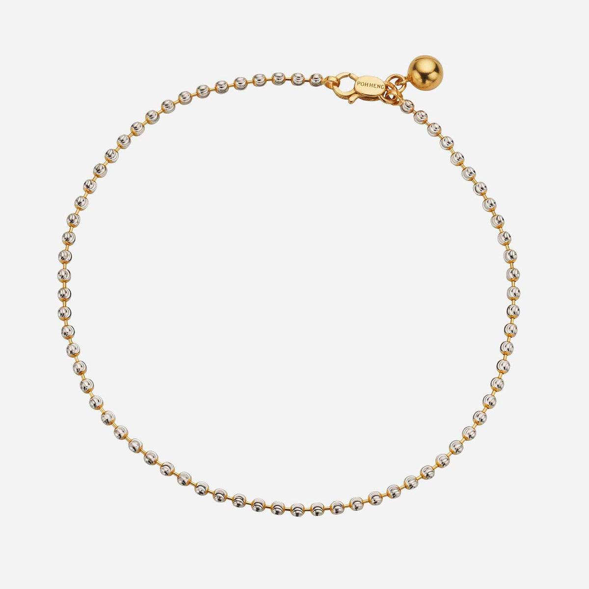 beaded anklet in 22k yellow and white gold with a delicate, intricate design and clasp closure.