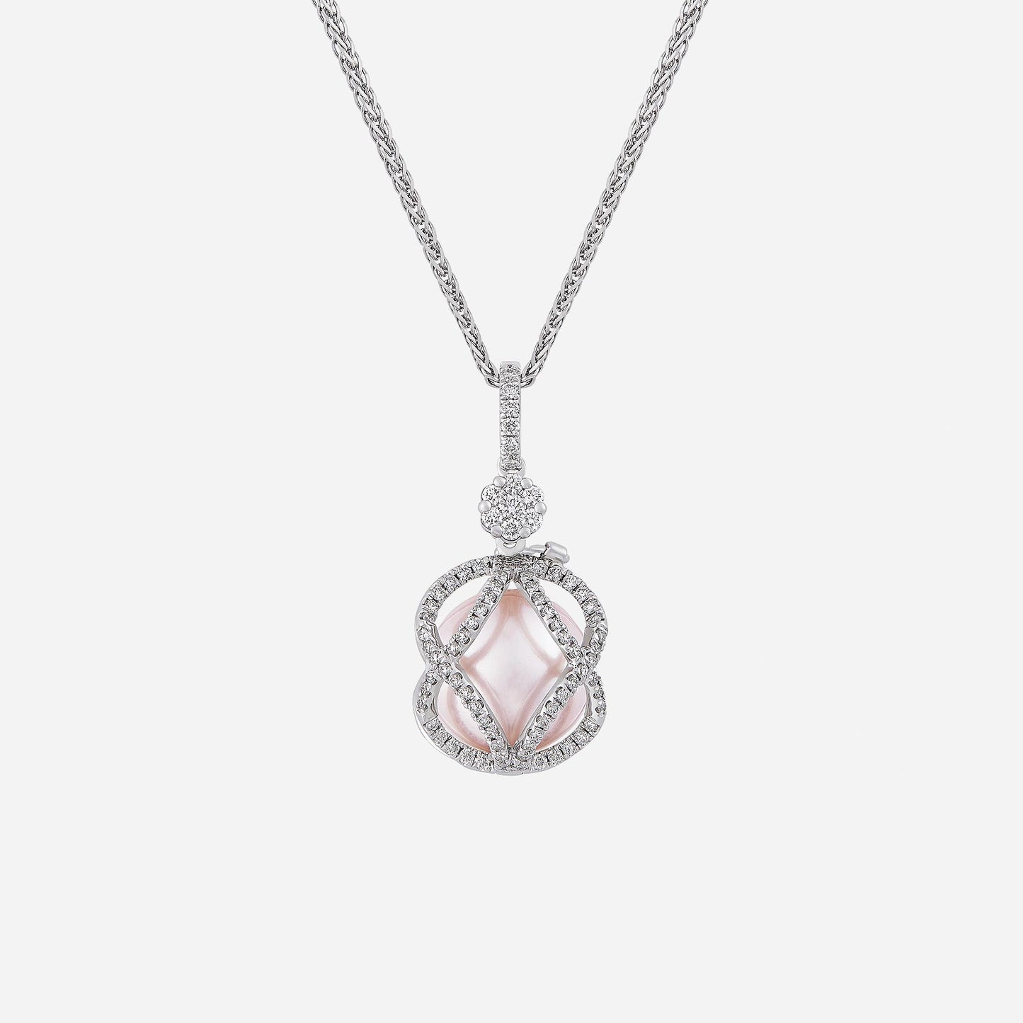 pearl jacket pendant in 18k white gold, featuring pink pearl and diamond pavé design for elegant brilliance.