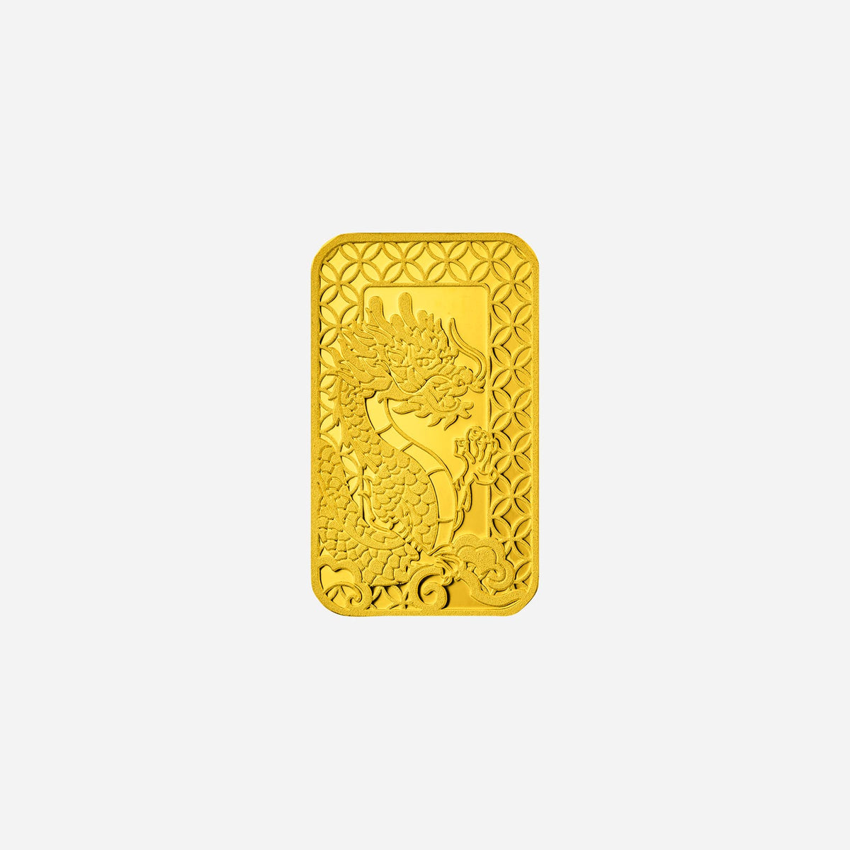 treasures dragon 10gm bar in 24k yellow gold, featuring intricate dragon design and textured background.