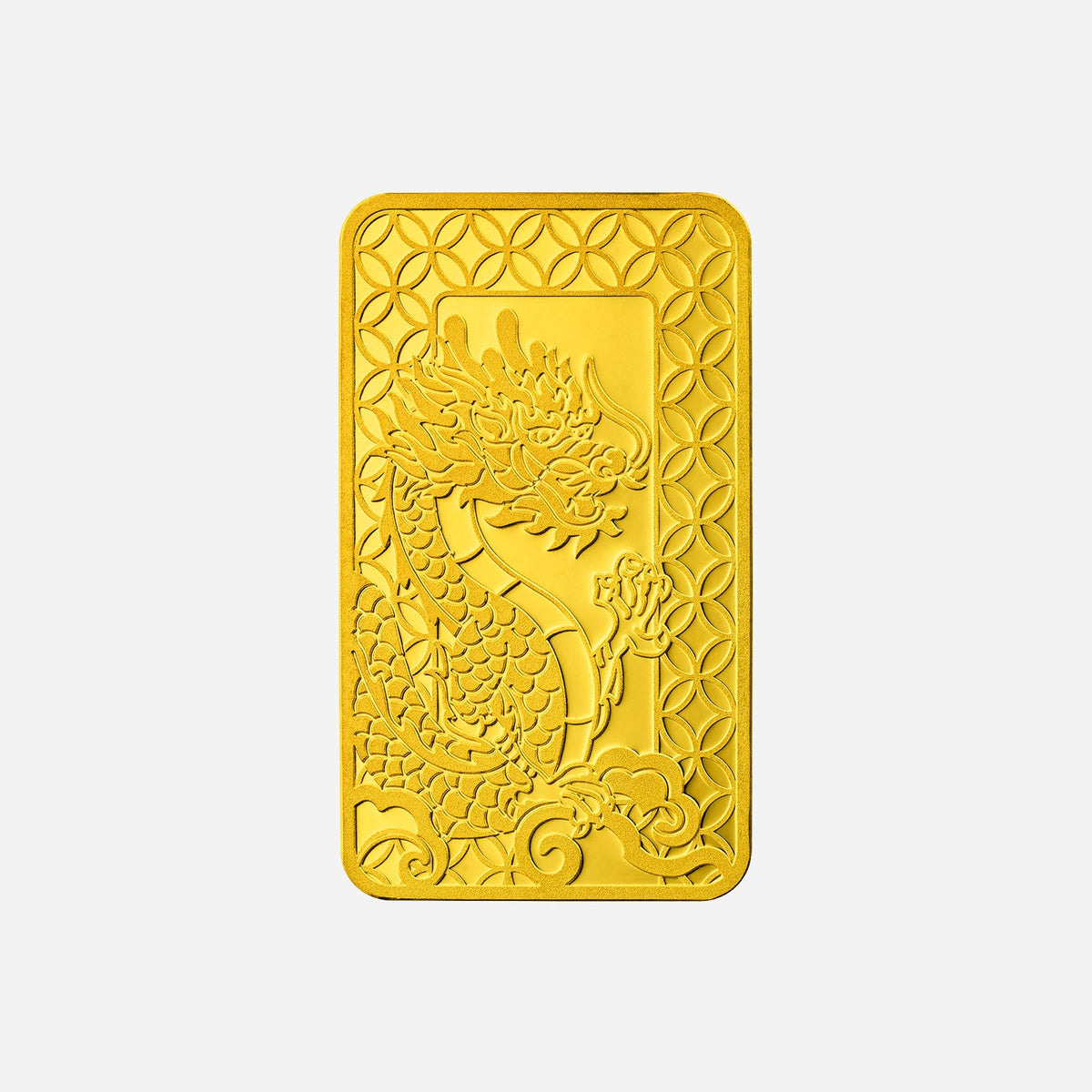 treasures dragon 100gm gold bar in 24k yellow gold with intricate dragon design and textured background.