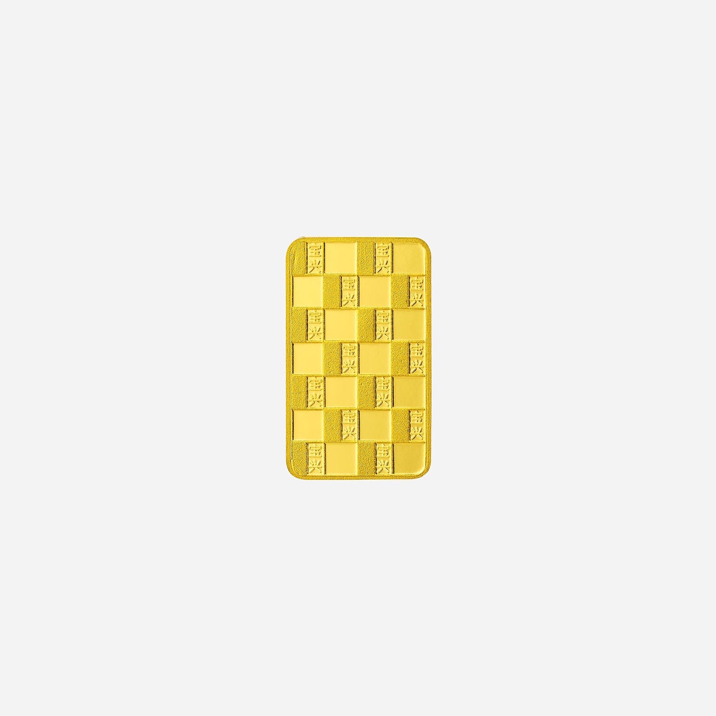 1g treasures gold bar in 24k yellow gold with a textured checkerboard design and poh heng logo embellishments.