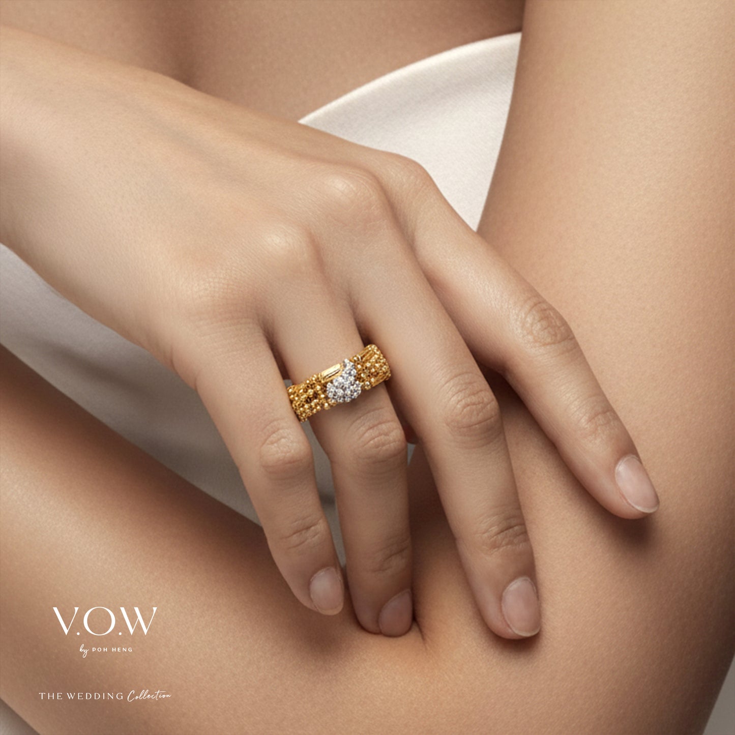 gleam of devotion ring in 22k yellow and white gold with intricate beadwork and a sparkling centered gemstone.