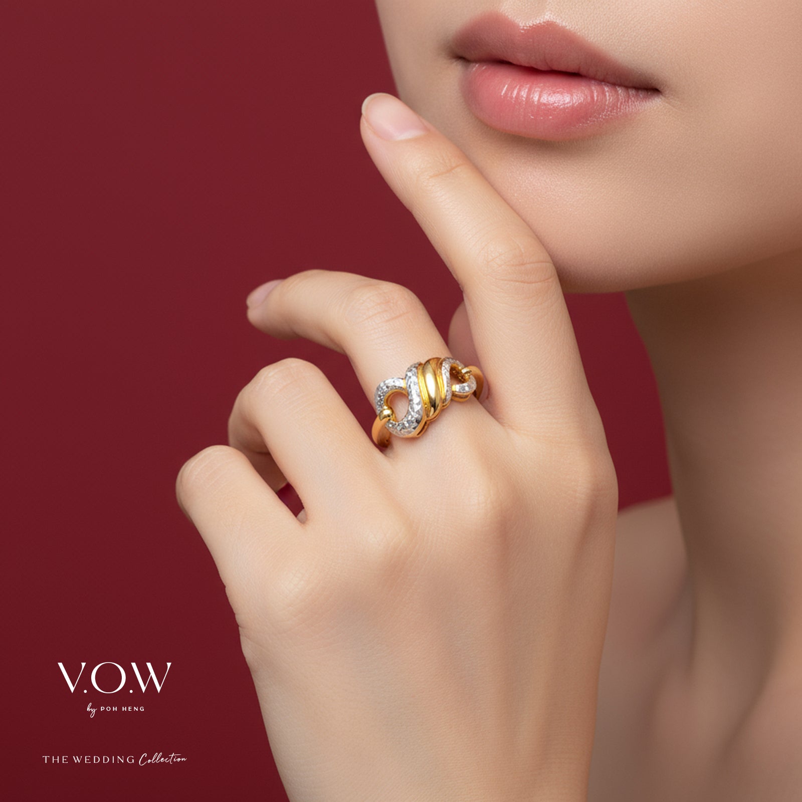 Infinite Love Ring in yellow and white gold featuring intricate infinity design with shimmering gemstones.