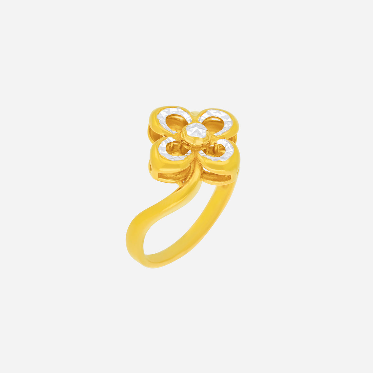 radiant bloom ring in yellow and white gold featuring an openwork four-petal design with white gold accents.