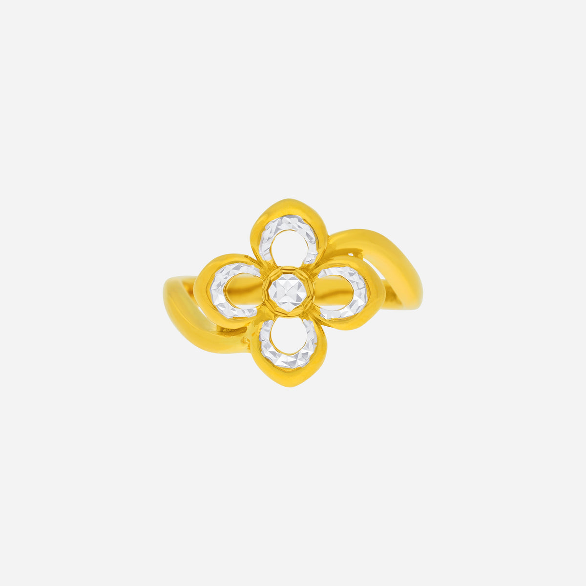 Radiant Bloom Ring in yellow and white gold with an openwork four-petal floral design and precision-etched accents.