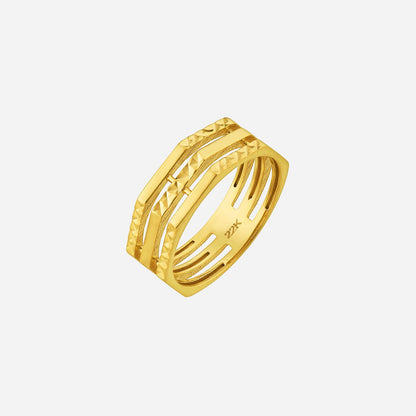 Sparkling 22K yellow gold ring featuring three textured bands in a bold, modern design.