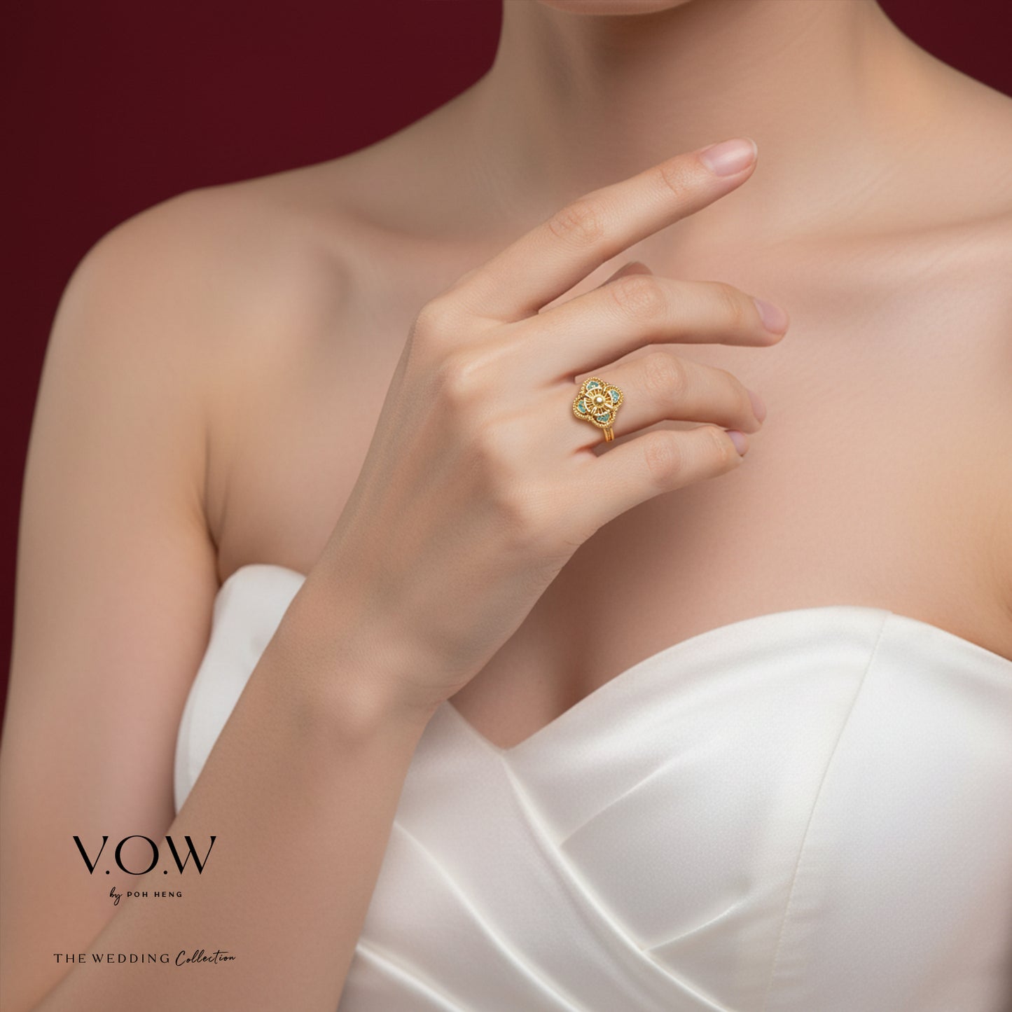 aurora bloom ring in 24k yellow gold with enamel petals, featuring a clover-like floral design for good fortune.