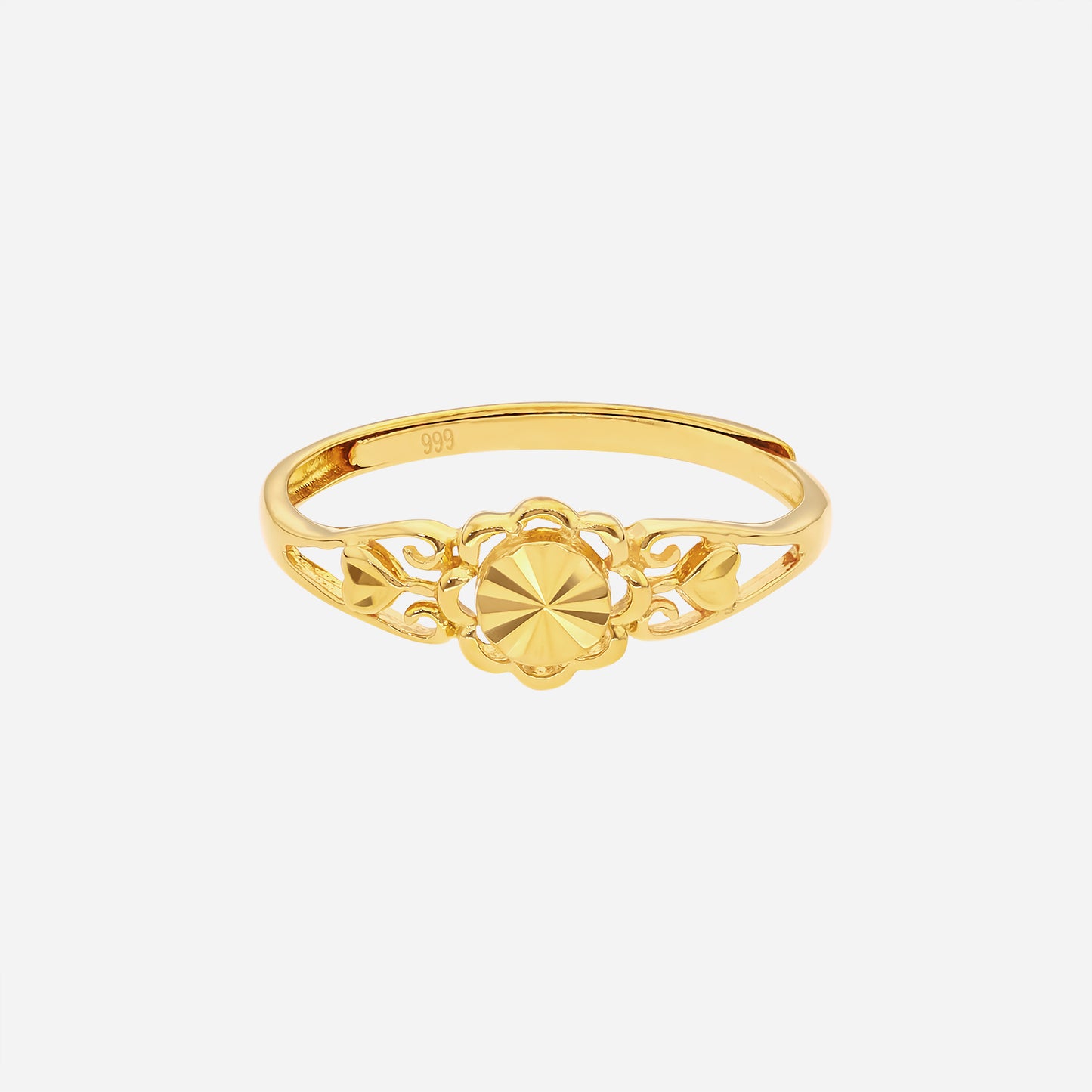 sunbeam ring in 24k yellow gold with a sunburst centre and openwork design, perfect for everyday wear.