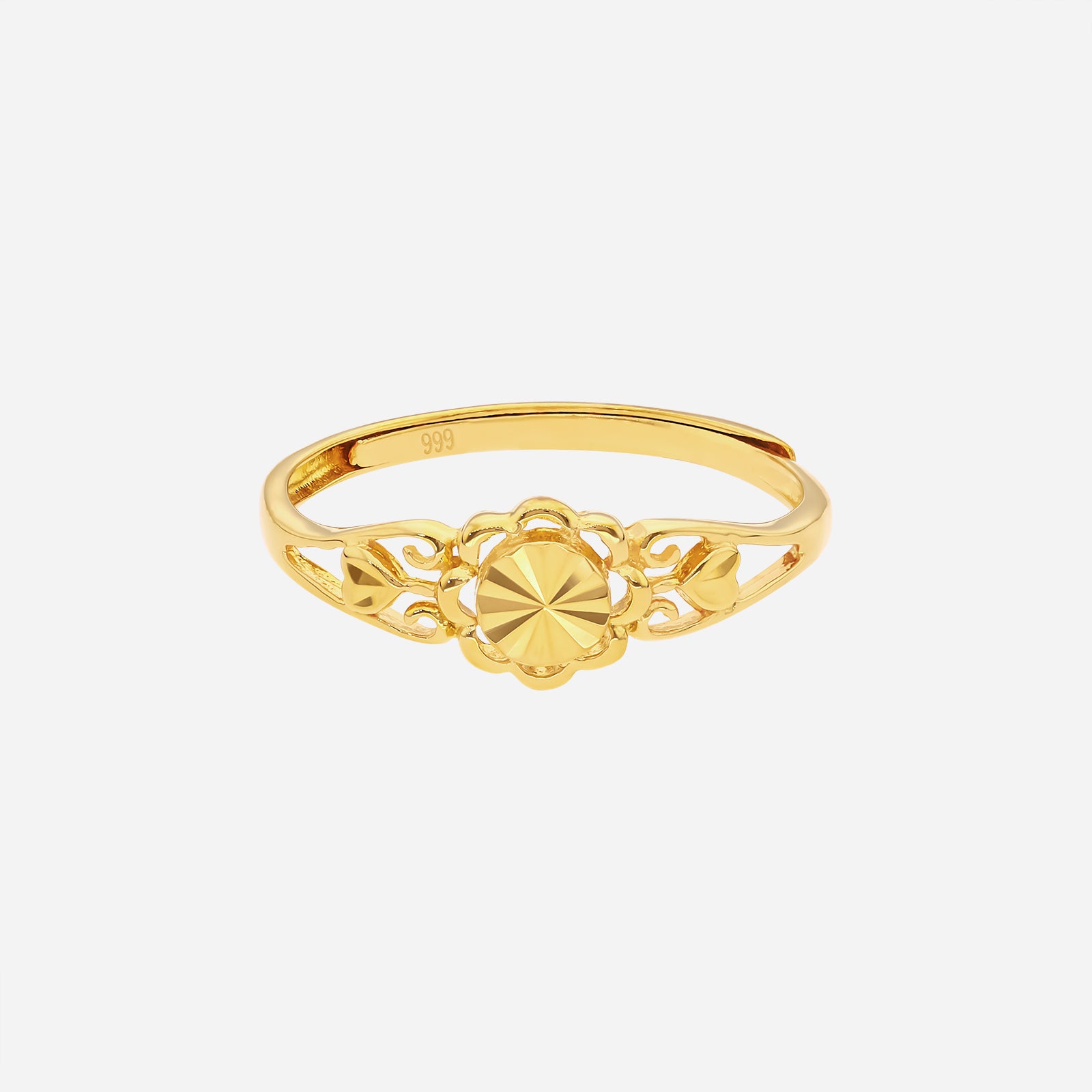 Sunbeam Ring in 24K yellow gold with a sunburst centre and openwork design, perfect for everyday wear.