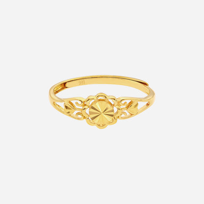 Sunbeam Ring in 24K yellow gold with a sunburst centre and openwork design, perfect for everyday wear.