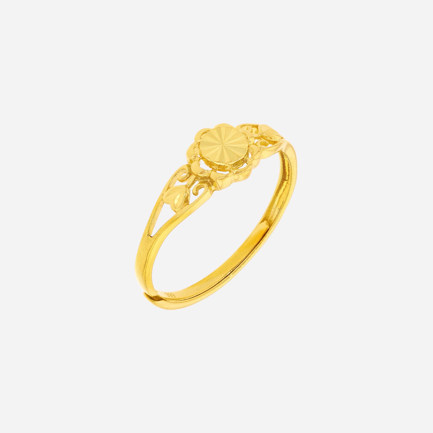 sunbeam ring in 24k yellow gold featuring a sunburst center and openwork floral design, perfect for everyday wear.