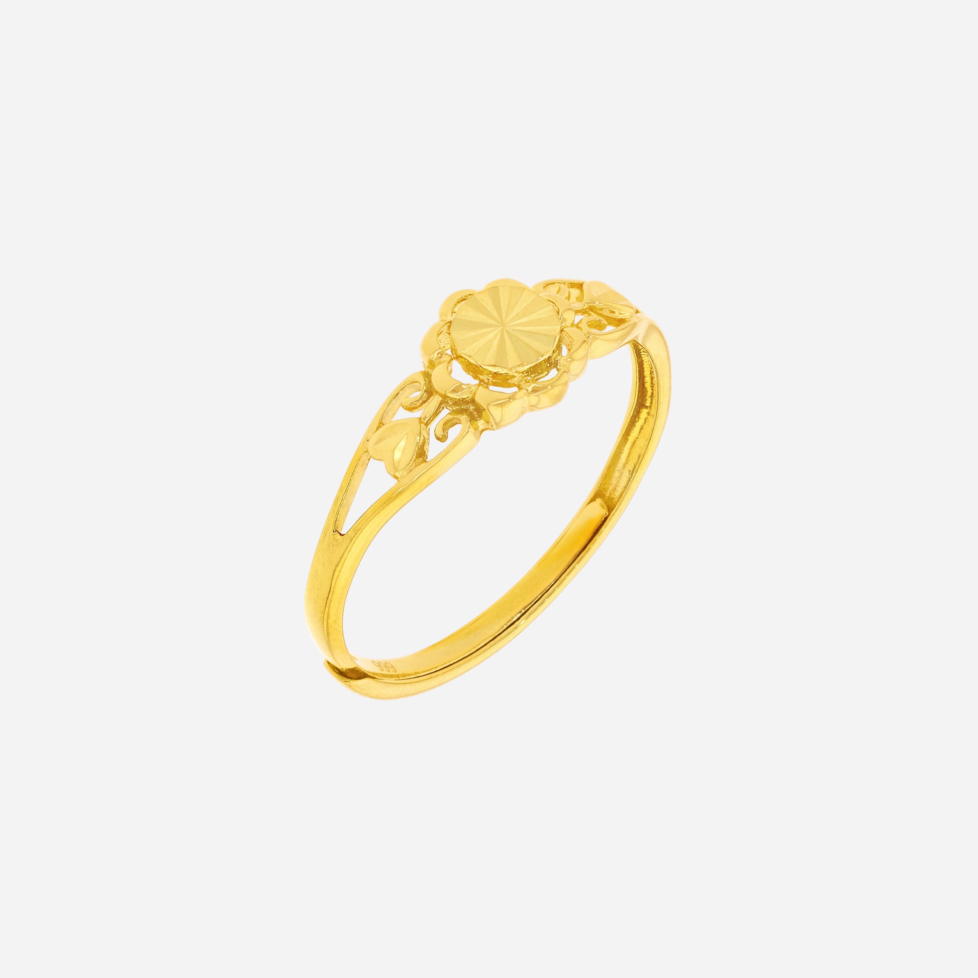Sunbeam Ring in 24K Yellow Gold featuring a sunburst center and openwork floral design, perfect for everyday wear.