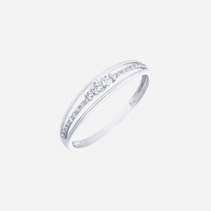 Trio linear diamond ring in 18K white gold featuring three center diamonds and pavé accents for a contemporary look.