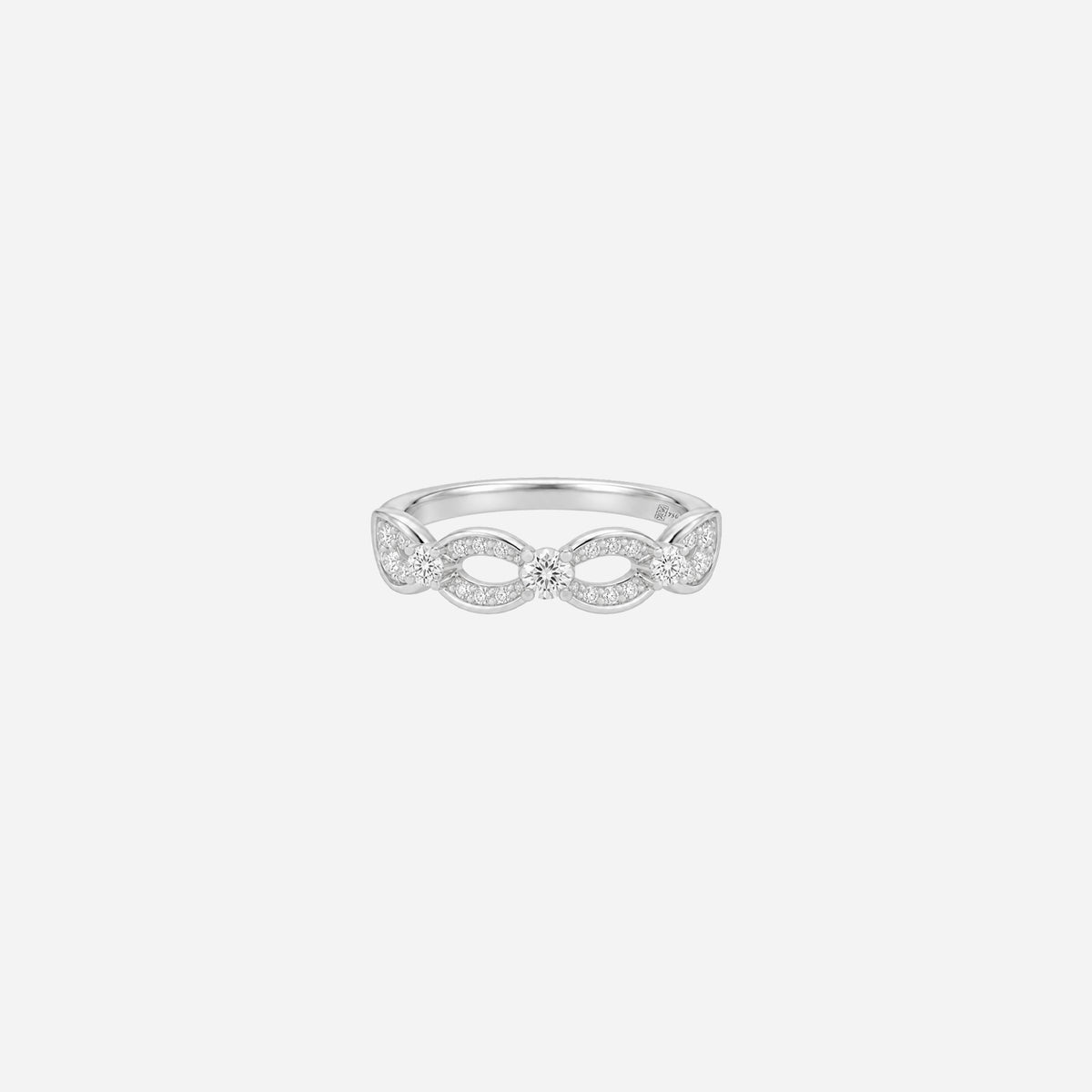 infinity grace diamond ring in 18k white gold with small diamonds in an infinity symbol design. timeless and delicate.