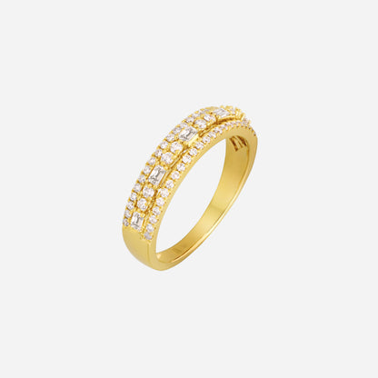 Gleaming line diamond ring in 18K yellow gold with round and baguette diamonds in three rows.