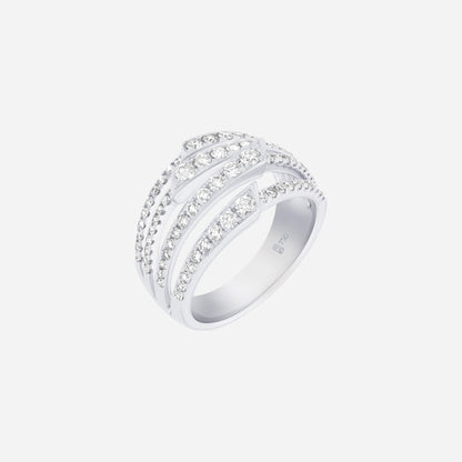 Radiant line diamond ring in 18K white gold with layered design and diamond-lined channels for modern elegance.