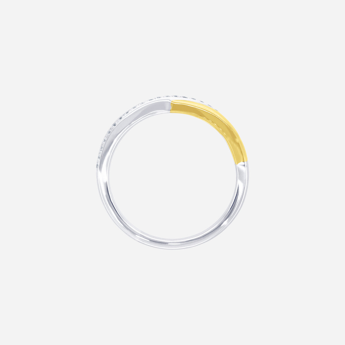 delicate intertwined diamond ring in 18k white and yellow gold with fine diamonds and polished gold band.