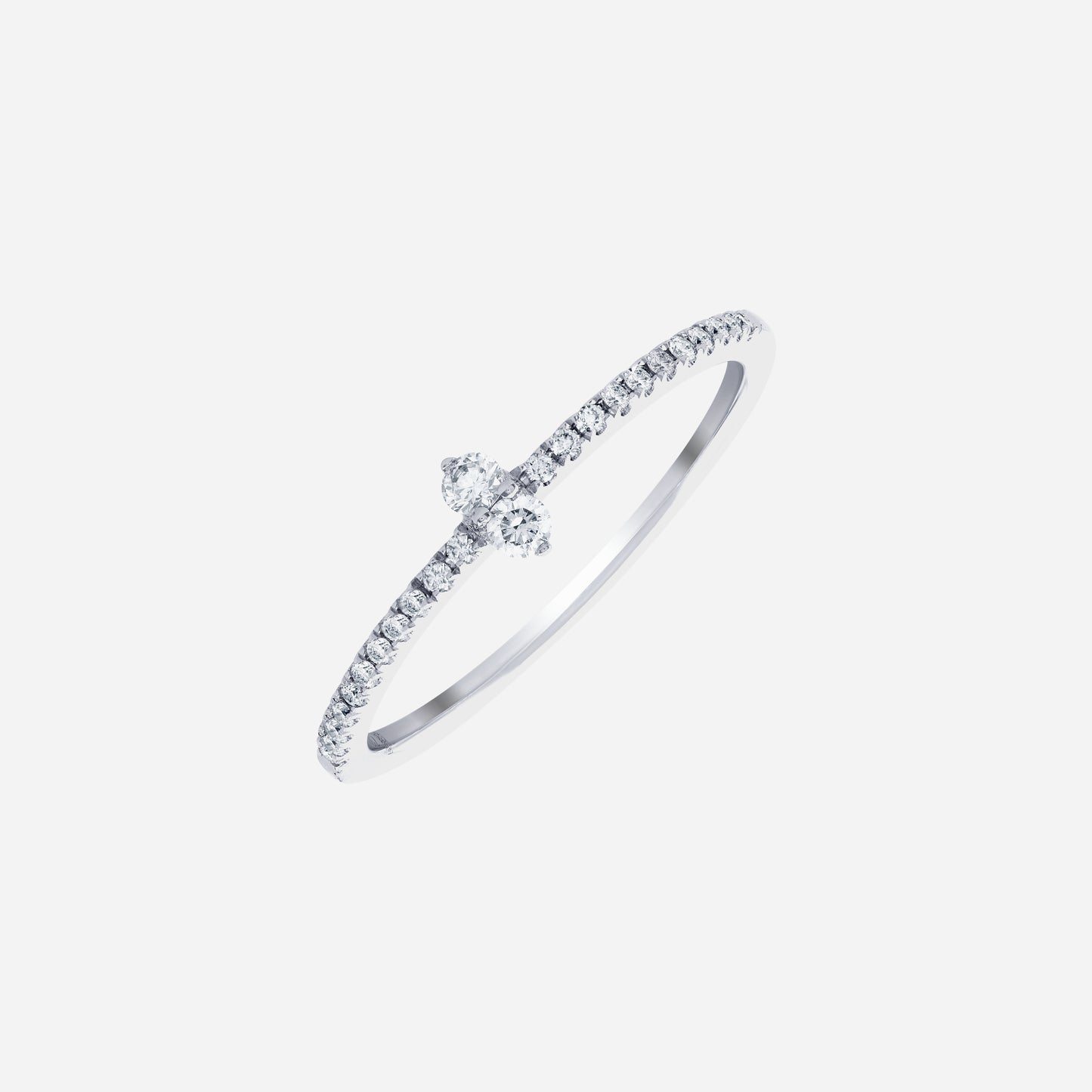 radiance duo diamond ring in 18k white gold with round diamonds on a slim pavé band for elegant everyday wear.