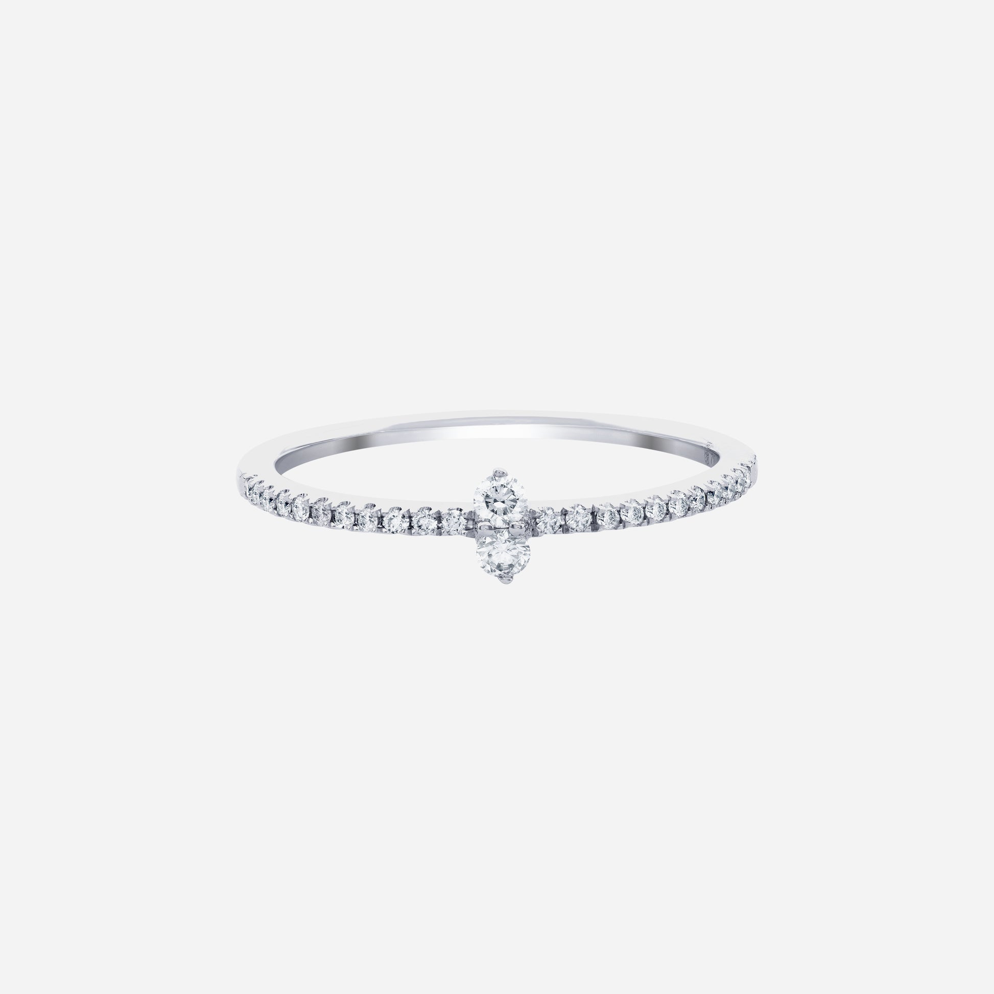 Radiance Duo Diamond Ring in 18K white gold with round diamonds and slim pavé design for everyday elegance.
