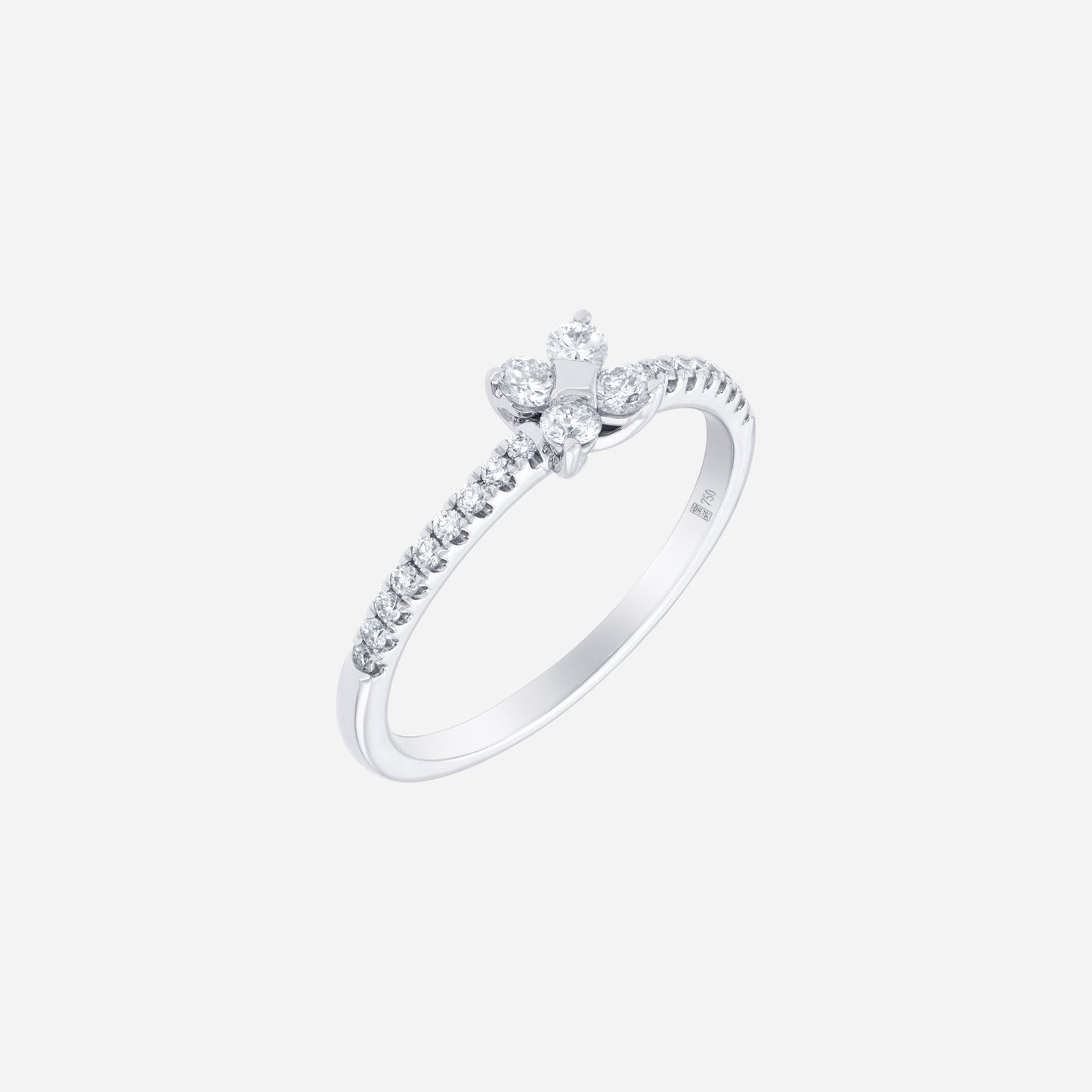 glimmer blossom diamond ring in 18k white gold with floral cluster and pavé-lined band design. feminine and refined.