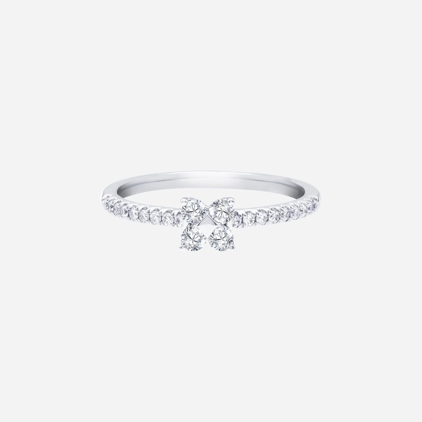 glimmer blossom diamond ring in 18k white gold with floral diamond cluster and pavé-lined band. elegant and feminine design.