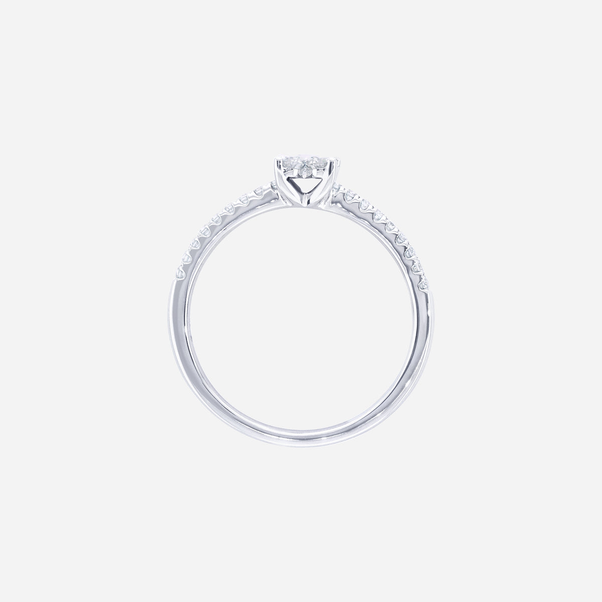 Glimmer Blossom diamond ring in 18K white gold with floral cluster center and pavé-lined band. Feminine and elegant design.