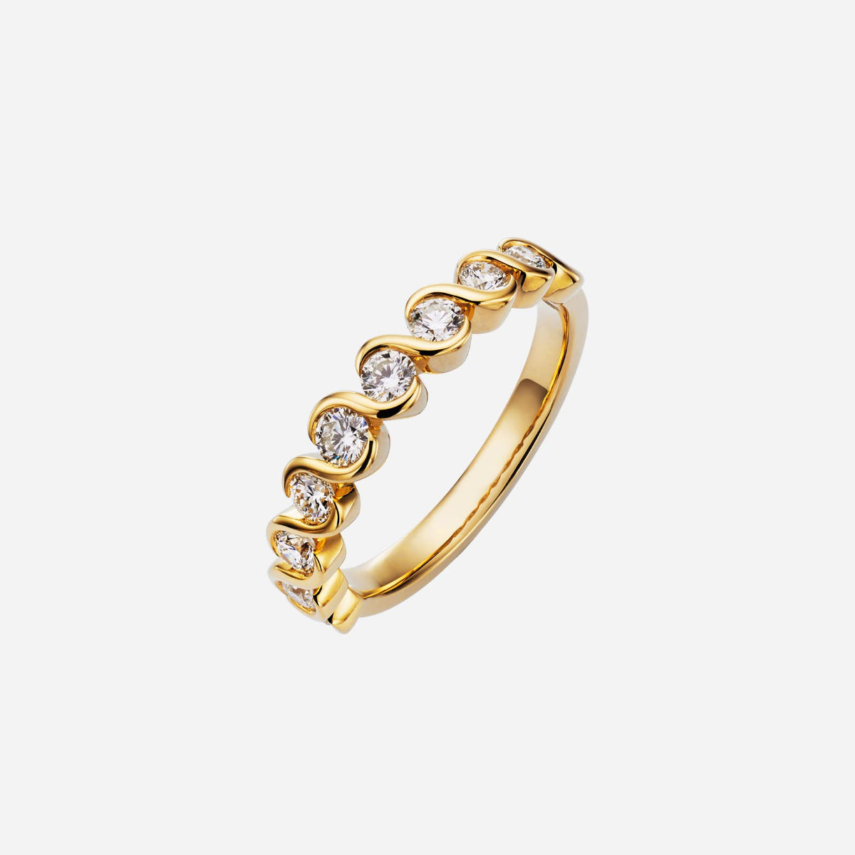 Love Journey diamond ring in 18K yellow gold with a coiled design and sparkling diamonds. Perfect for any occasion.
