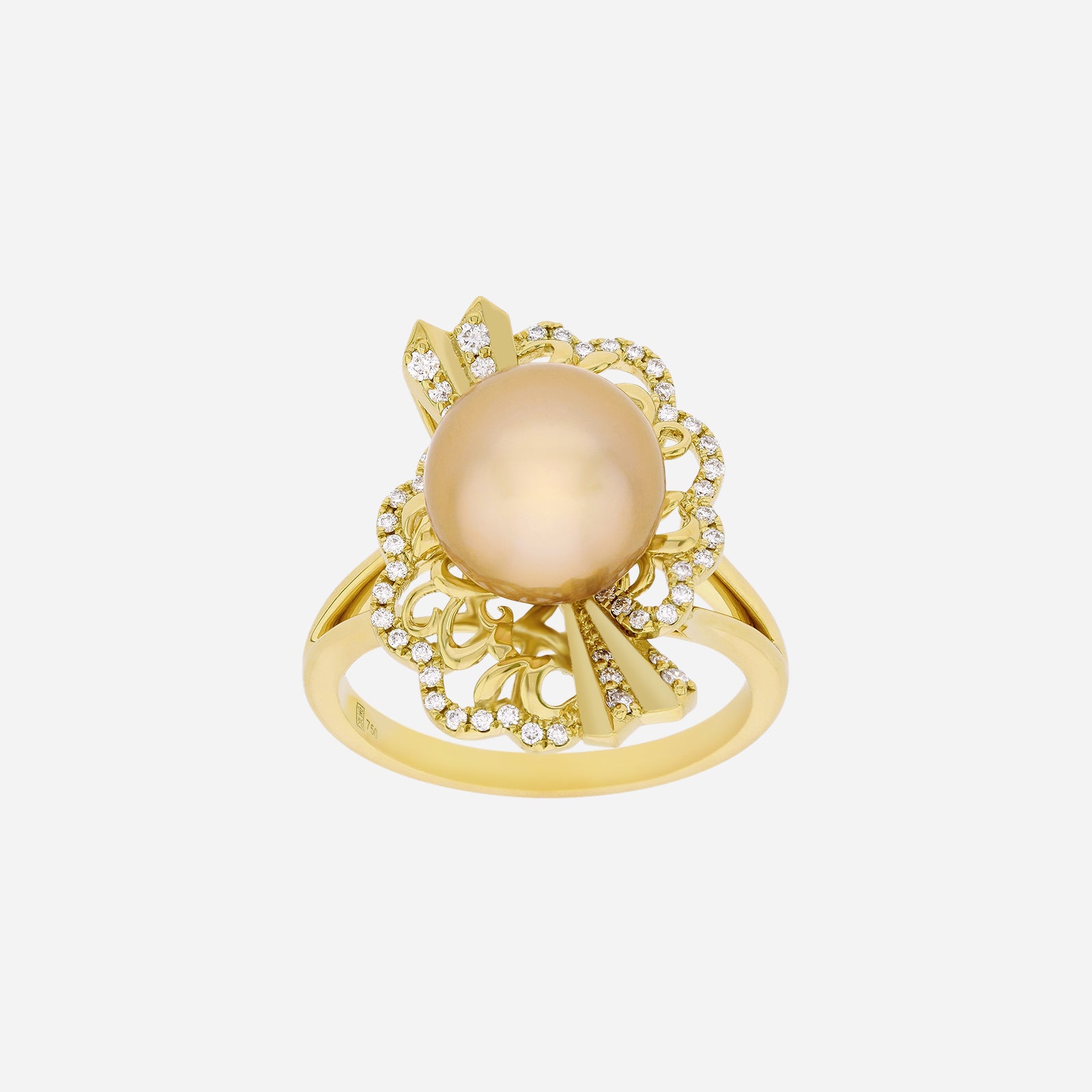 Legacy South Sea Pearl ring in 18K yellow gold, featuring a golden pearl and diamond accents with an intricate fan design.