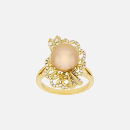 Legacy South Sea Pearl ring in 18K yellow gold, featuring a golden pearl and diamond accents with an intricate fan design.