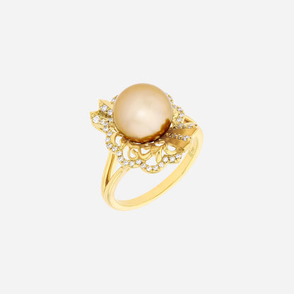 Legacy South Sea Pearl Ring in 18K yellow gold with a 9-10mm golden pearl and diamond accents, featuring an origami fan design.