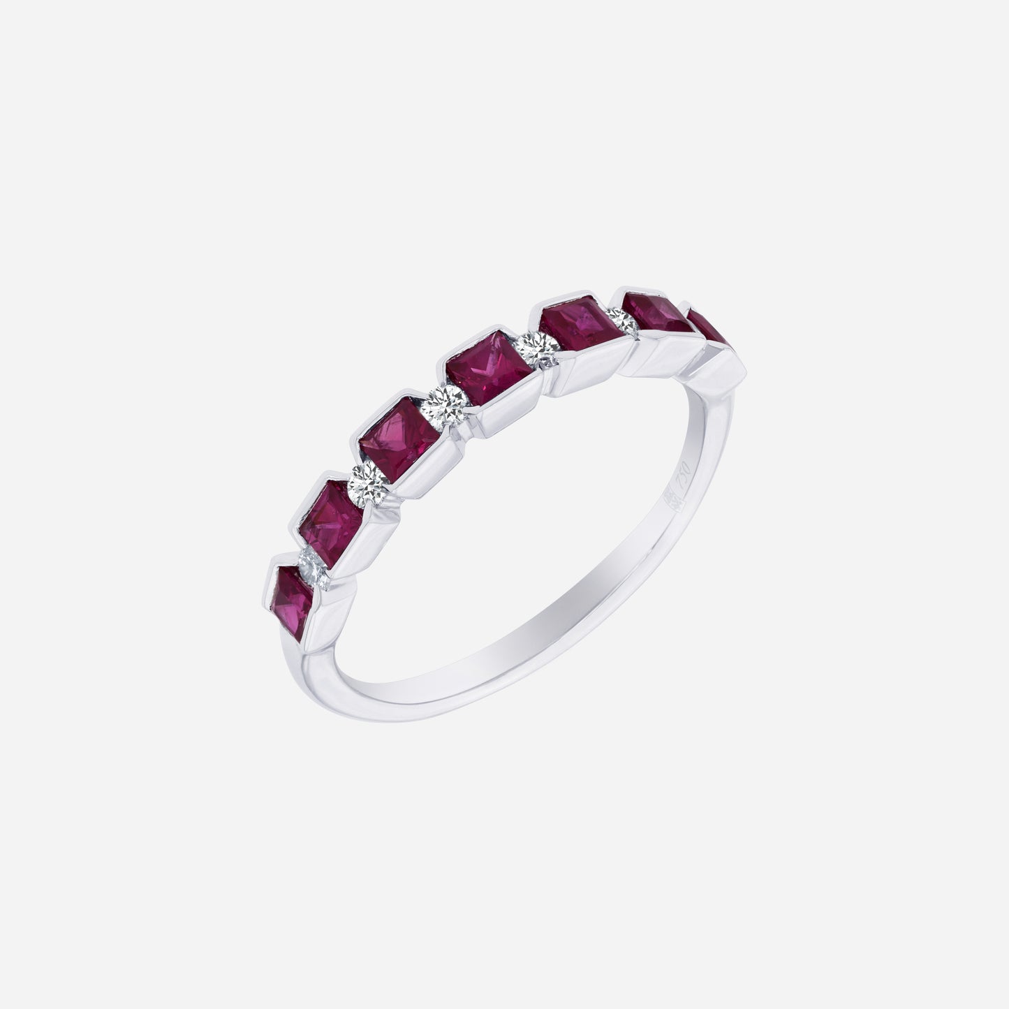 ruby and diamond ring in 18k white gold with square-cut rubies and diamond accents in refined row design.