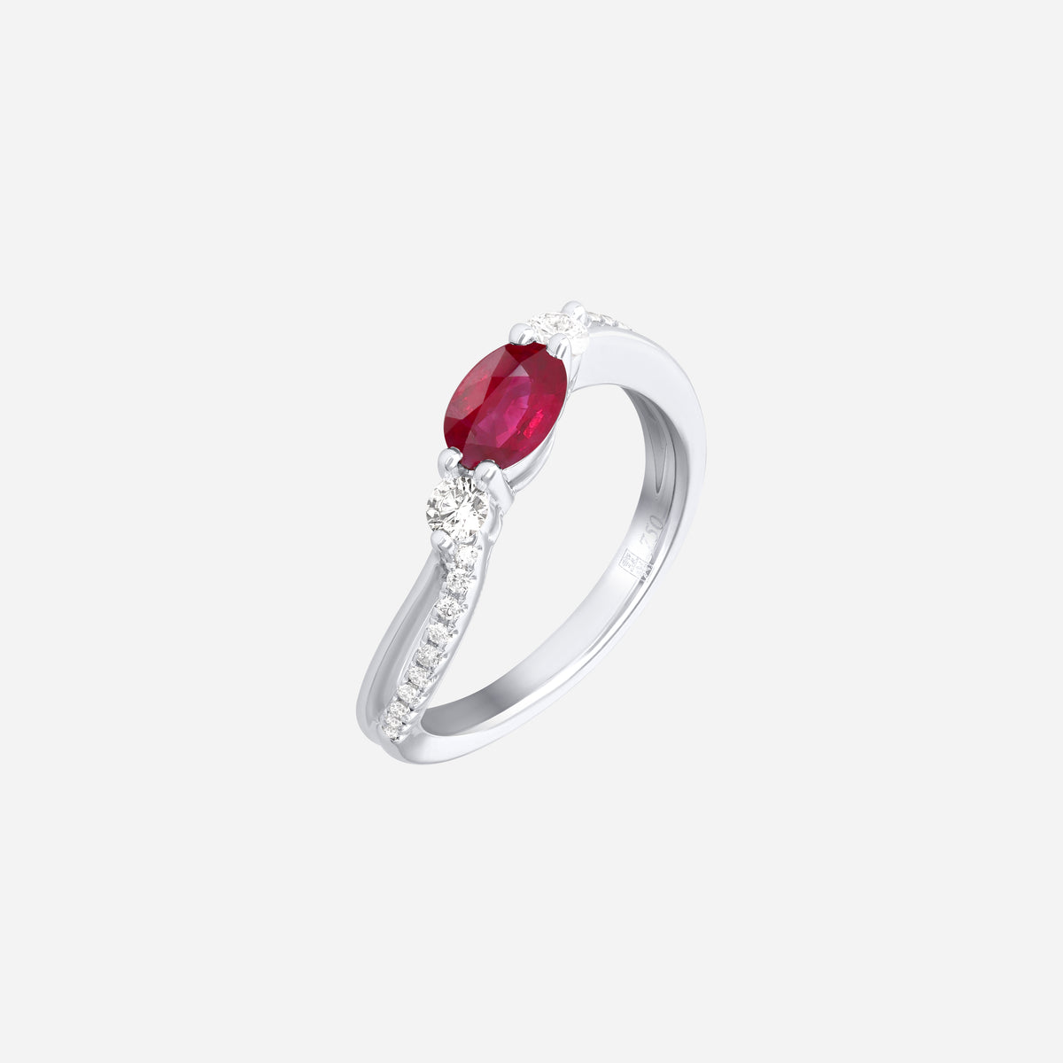 Ruby oval-cut gemstone ring set in 18K white gold, featuring twin diamonds and a twisted pavé band.