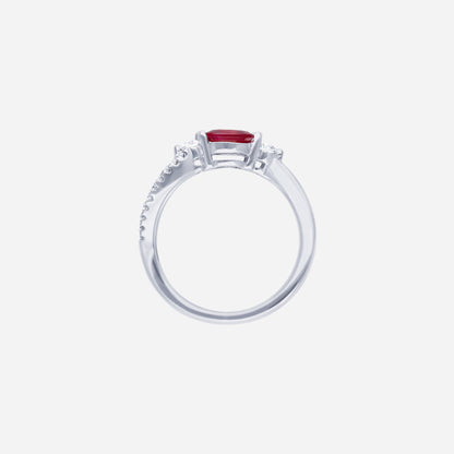 Ruby oval-cut ring in 18K white gold, featuring twin diamonds and a twisted pavé band design.