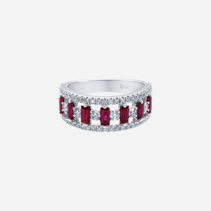 Ruby and diamond ring in 18K white gold featuring alternating rectangular rubies and diamond accents in a linear design.