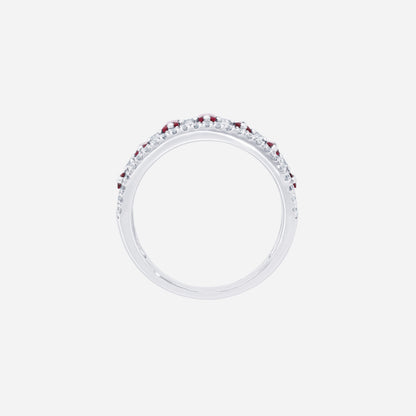 Ruby and diamond ring in 18K white gold, featuring alternating rectangular rubies and diamond accents.