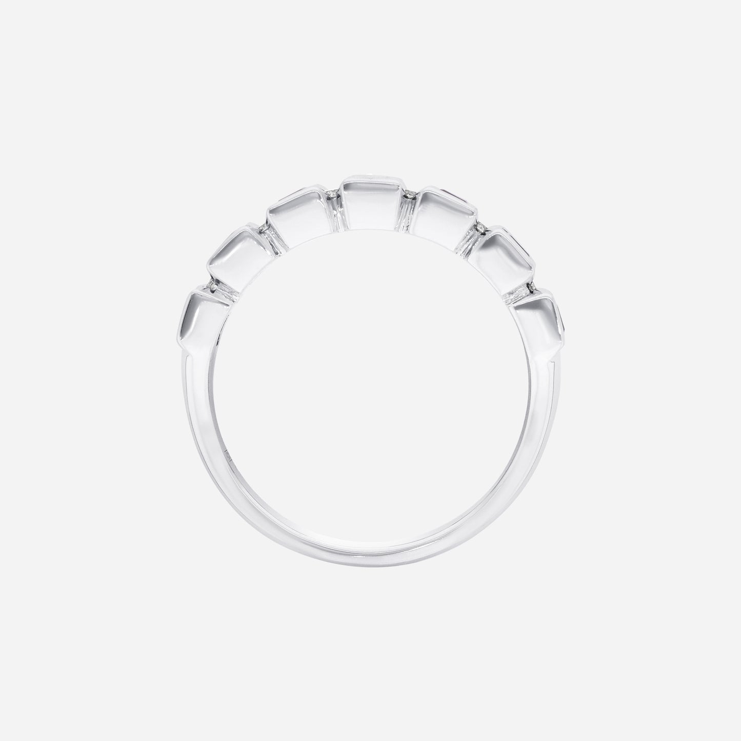 blue sapphire and diamond ring in 18k white gold with square-cut sapphires in a refined row design.
