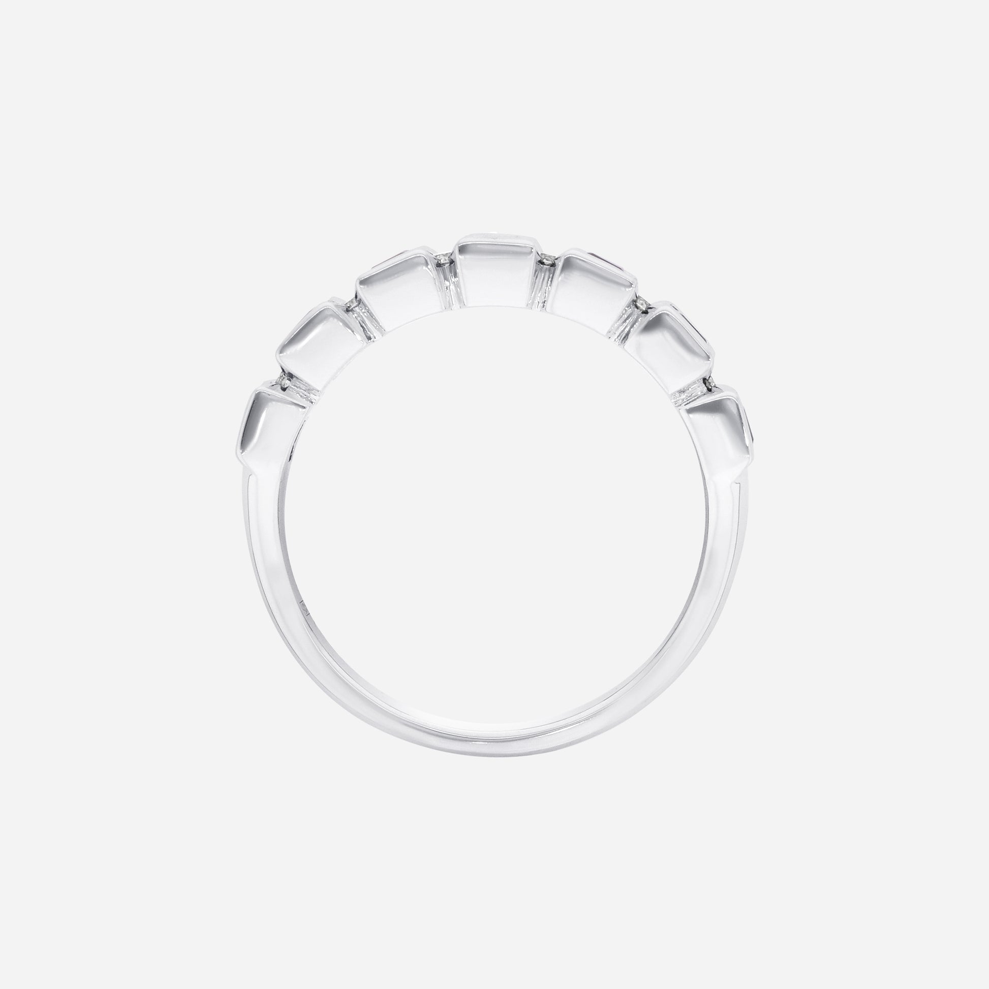 Blue sapphire and diamond ring in 18K white gold with square-cut sapphires in a refined row design.