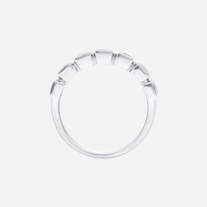 Blue sapphire and diamond ring in 18K white gold with square-cut sapphires in a refined row design.