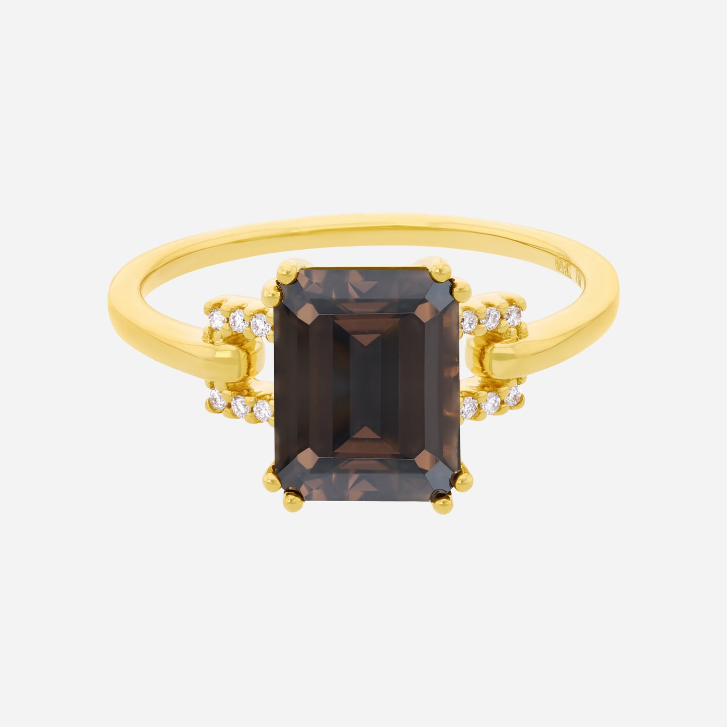 luxe yellow gold ring featuring an emerald cut smoky quartz gemstone with diamond accents on the band.