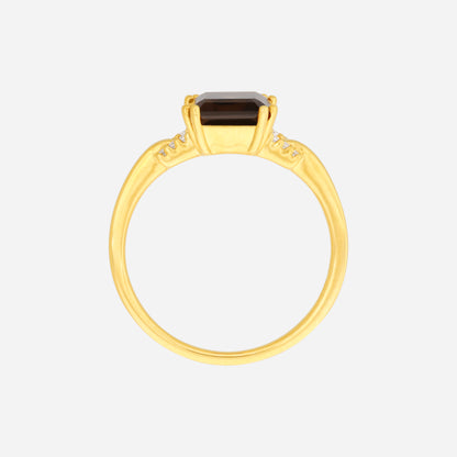 Luxe yellow gold ring featuring an octagonal smoky quartz and accented with small sparkling diamonds.